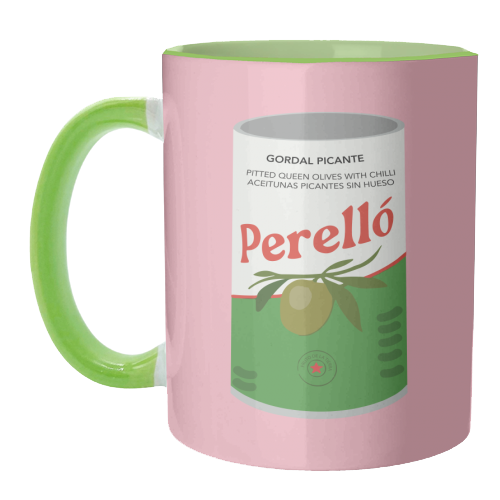 Mugs 'Tin of Perello Olives in Pink Illu: Mug Colour Inner & Handle 11oz - Green