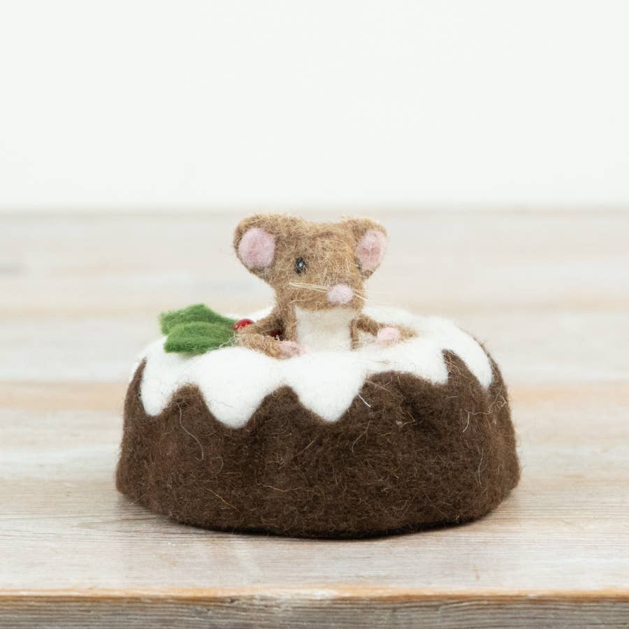 12cm Felt Mouse in Christmas Pudding